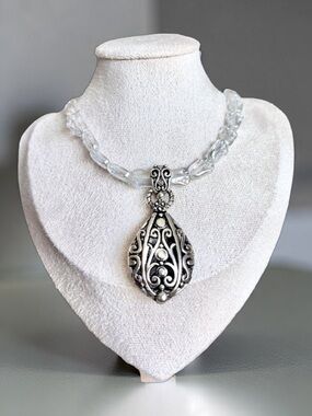 One-of-a-kindClear Crystal Bead Necklace with Ornate SilverTone Filigree Pendant
